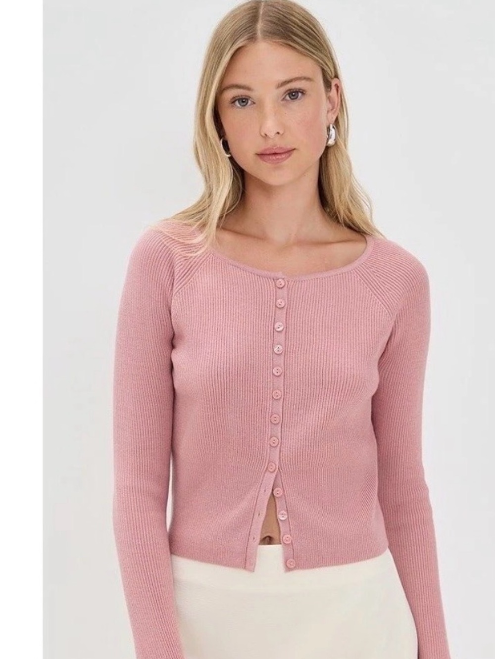 Reformation Meadow Regenerative Merino Ribbed Button-Up Cardigan in Dusty Rose